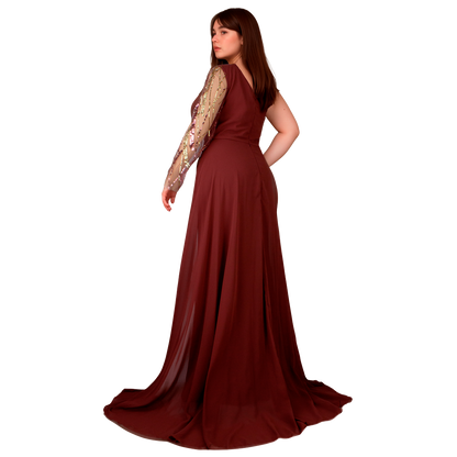 Vestido Asimétrico Terracota Sirena Manga Larga con Bordados Tallas S-XL