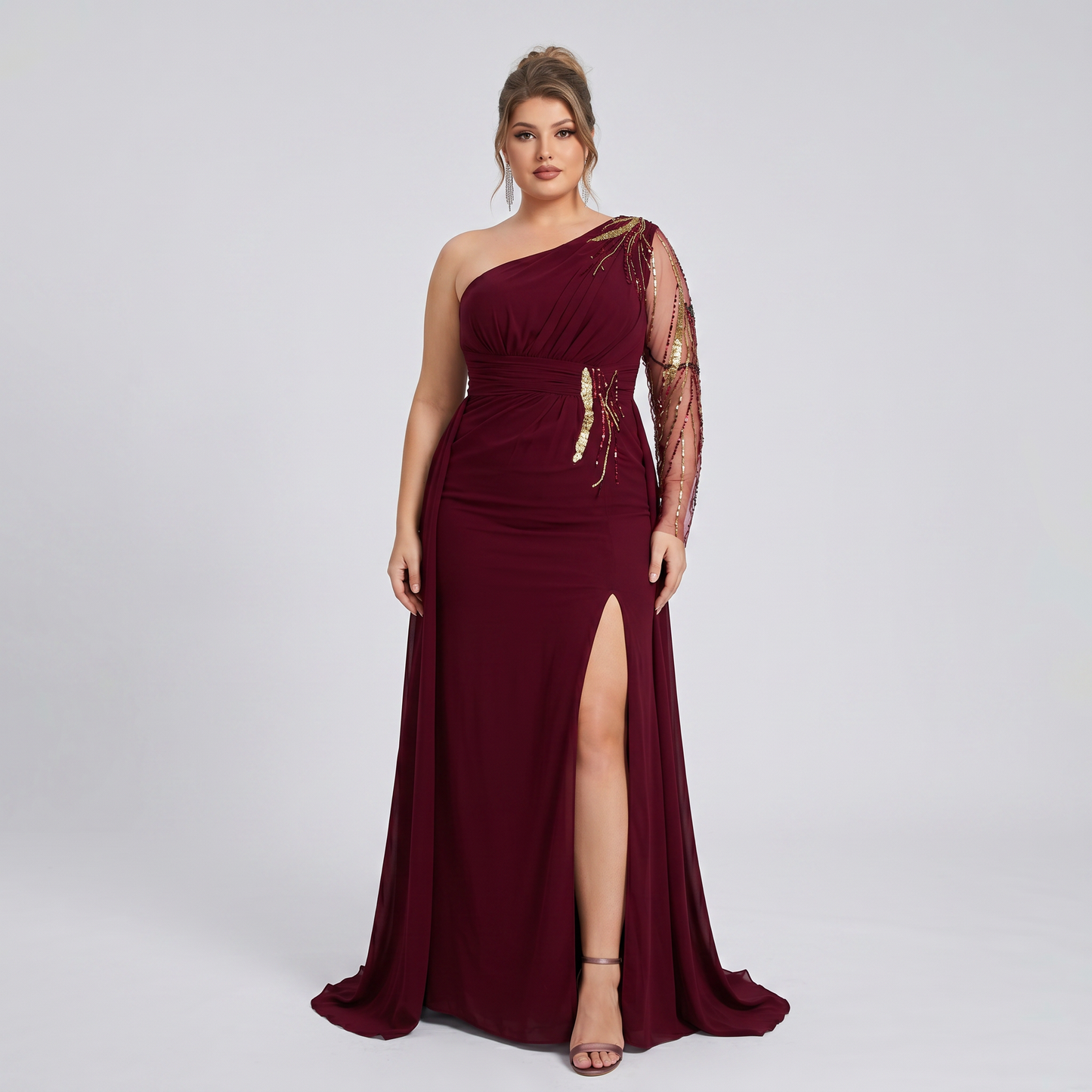 Vestido Asimétrico Tinto Tul Bordado con Sobrefalda
