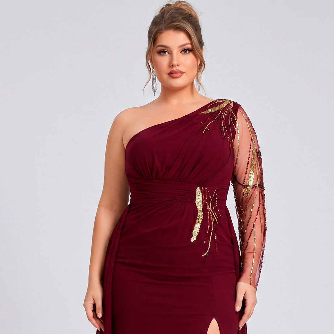 Vestido Asimétrico Tinto Tul Bordado con Sobrefalda