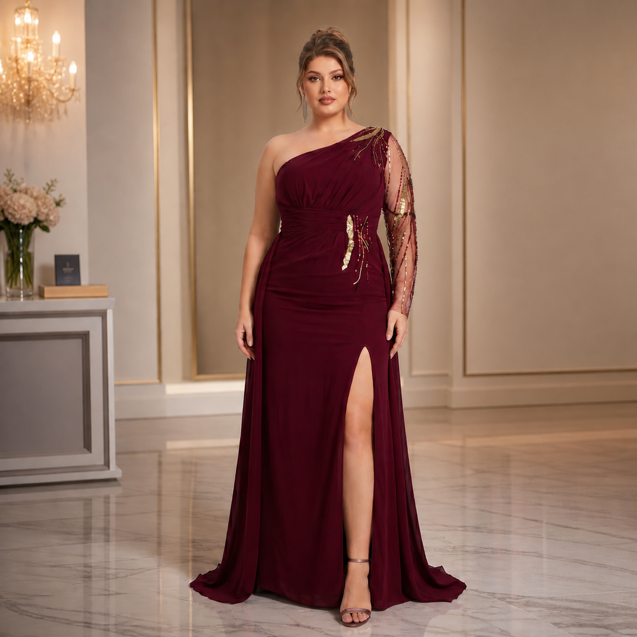 Vestido Asimétrico Tinto Tul Bordado con Sobrefalda