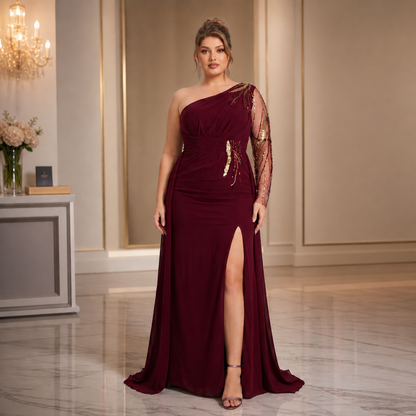 Vestido Asimétrico Tinto Tul Bordado con Sobrefalda