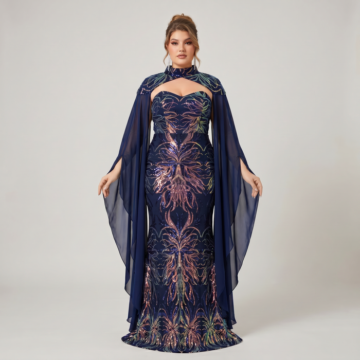 Vestido largo de gala en azul marino con lentejuelas y escote corazón para ceremonia