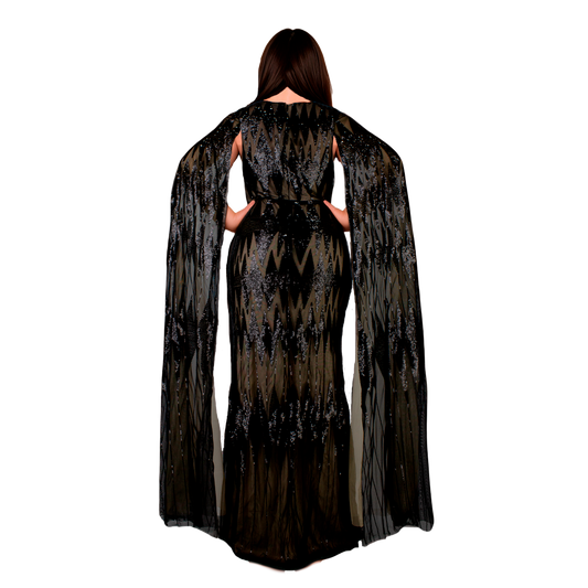 Vestido de Noche Negro con Lentejuelas Manga Larga Escote en V L-4XL