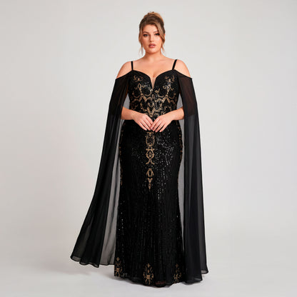 Vestido Negro Lentejuelas Doradas | Hombros Descubiertos | Tallas Extras