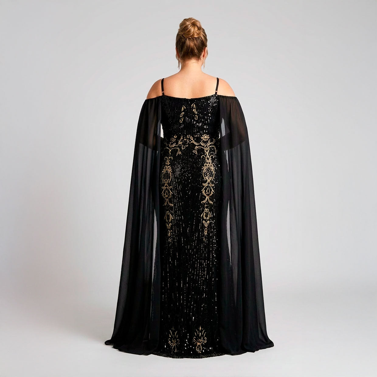 Vestido Negro Lentejuelas Doradas | Hombros Descubiertos | Tallas Extras