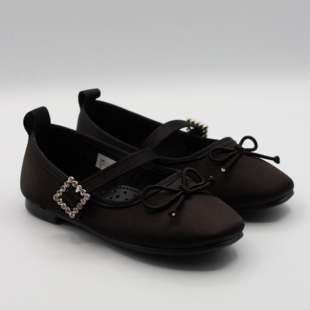 Zapatillas Negras Punta Cuadrada con Moño y Hebilla de Piedras para Niña Tallas 15-26