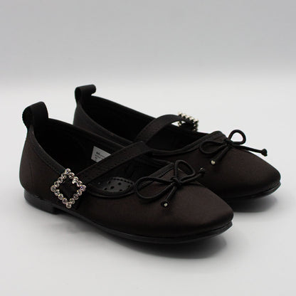 Zapatillas Negras Punta Cuadrada con Moño y Hebilla de Piedras para Niña Tallas 15-26