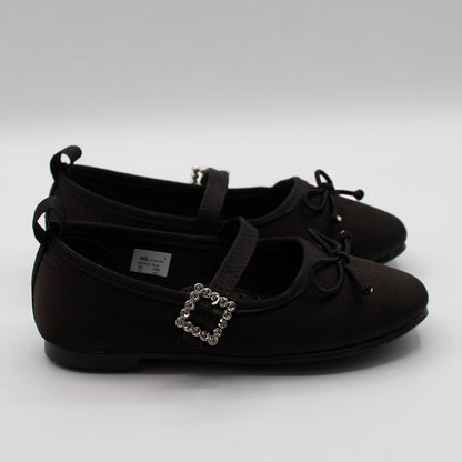 Zapatillas Negras Punta Cuadrada con Moño y Hebilla de Piedras para Niña Tallas 15-26