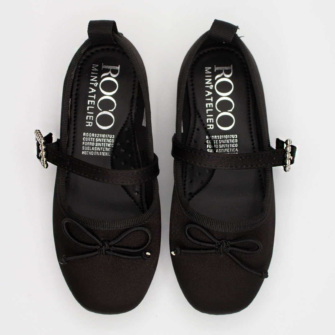 Zapatillas Negras Punta Cuadrada con Moño y Hebilla de Piedras para Niña Tallas 15-26
