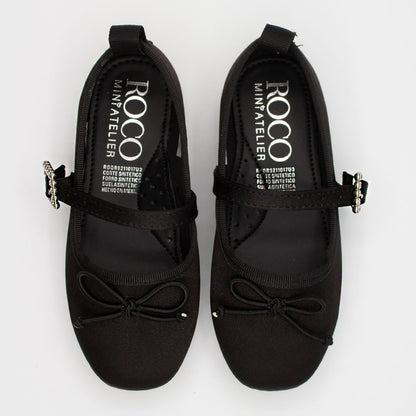 Zapatillas Negras Punta Cuadrada con Moño y Hebilla de Piedras para Niña Tallas 15-26