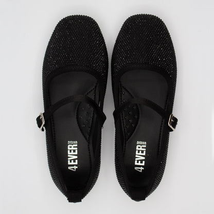 Zapatillas Negras Punta Cuadrada con Pedrería para Niña Tallas 15-24