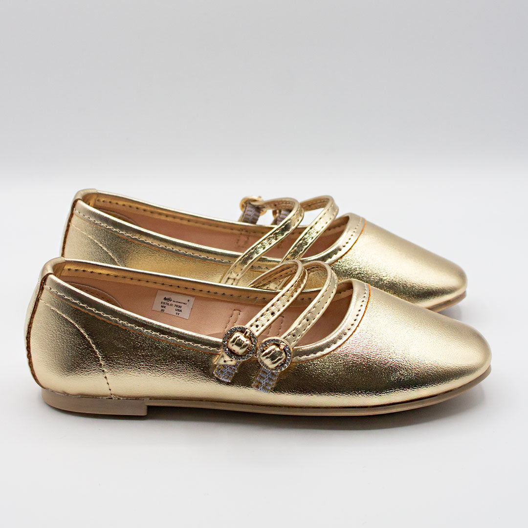 Zapatillas Doradas Punta Cuadrada Doble Correa para Niña Tallas 15-26