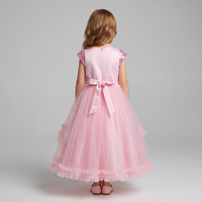 Vestido Rosa con Glitter y Manga Corta para Niña Tallas 120-160