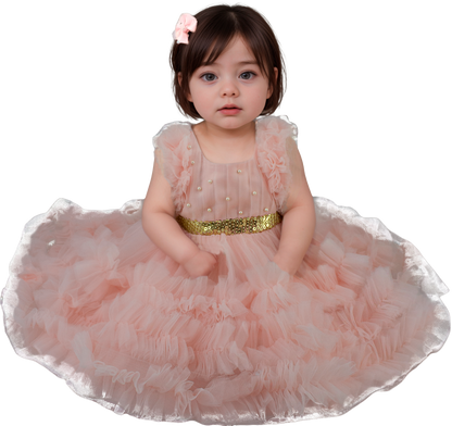 Vestido de Tul Rosa con Cauda y Lentejuelas para Niña Tallas 60-110