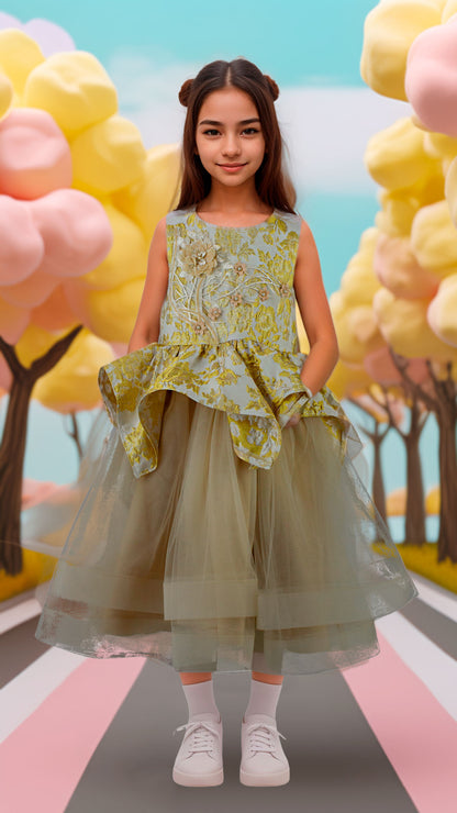 Vestido Infantil Dorado con Detalles en el Pecho Corte Midi Tallas 110-150