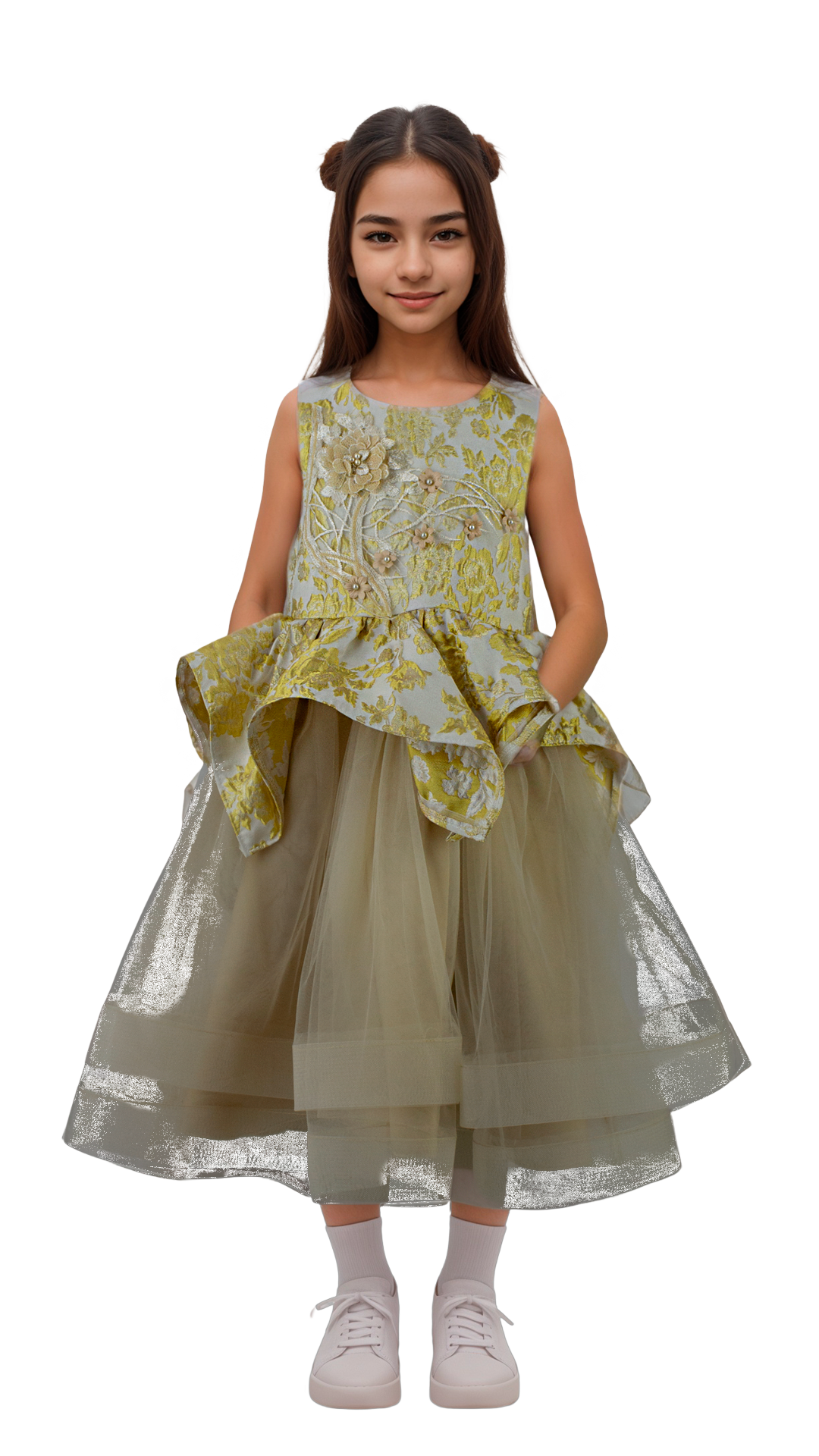 Vestido Infantil Dorado con Detalles en el Pecho Corte Midi Tallas 110-150