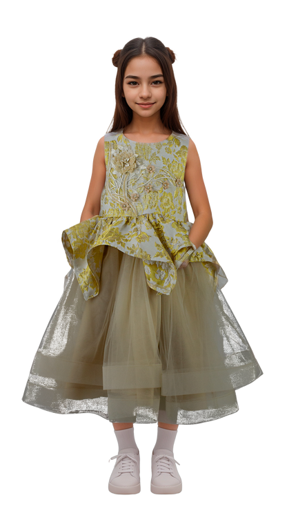 Vestido Infantil Dorado con Detalles en el Pecho Corte Midi Tallas 110-150