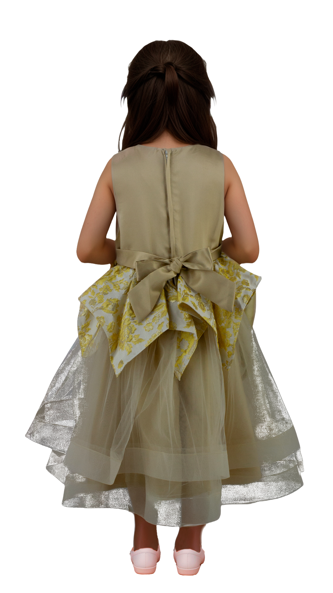 Vestido Infantil Dorado con Detalles en el Pecho Corte Midi Tallas 110-150