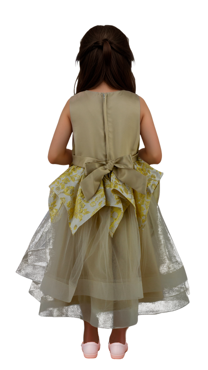 Vestido Infantil Dorado con Detalles en el Pecho Corte Midi Tallas 110-150