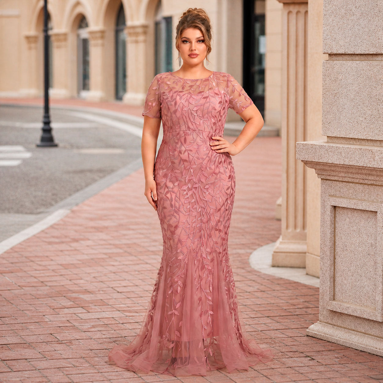 Vestido Coral Tul Bordado Floral Lentejuela | Corte Sirena | Tallas Extras