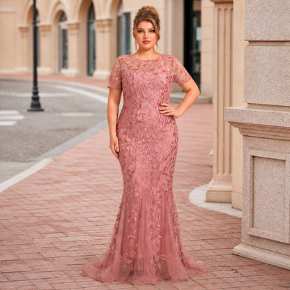 Vestido Coral Tul Bordado Floral Lentejuela | Corte Sirena | Tallas Extras