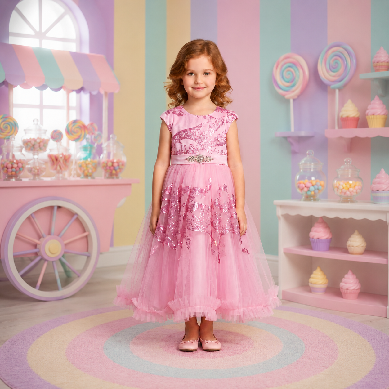 Vestido Rosa con Glitter y Manga Corta para Niña Tallas 120-160