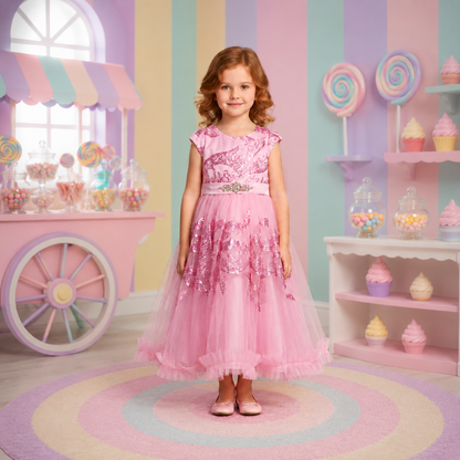 Vestido Rosa con Glitter y Manga Corta para Niña Tallas 120-160