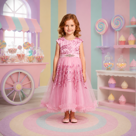 Vestido Rosa con Glitter y Manga Corta para Niña Tallas 120-160