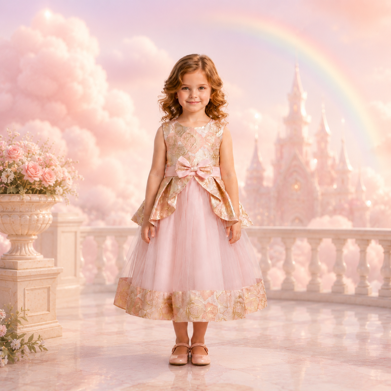 Vestido de Niña Rosa con Moño para Fiesta