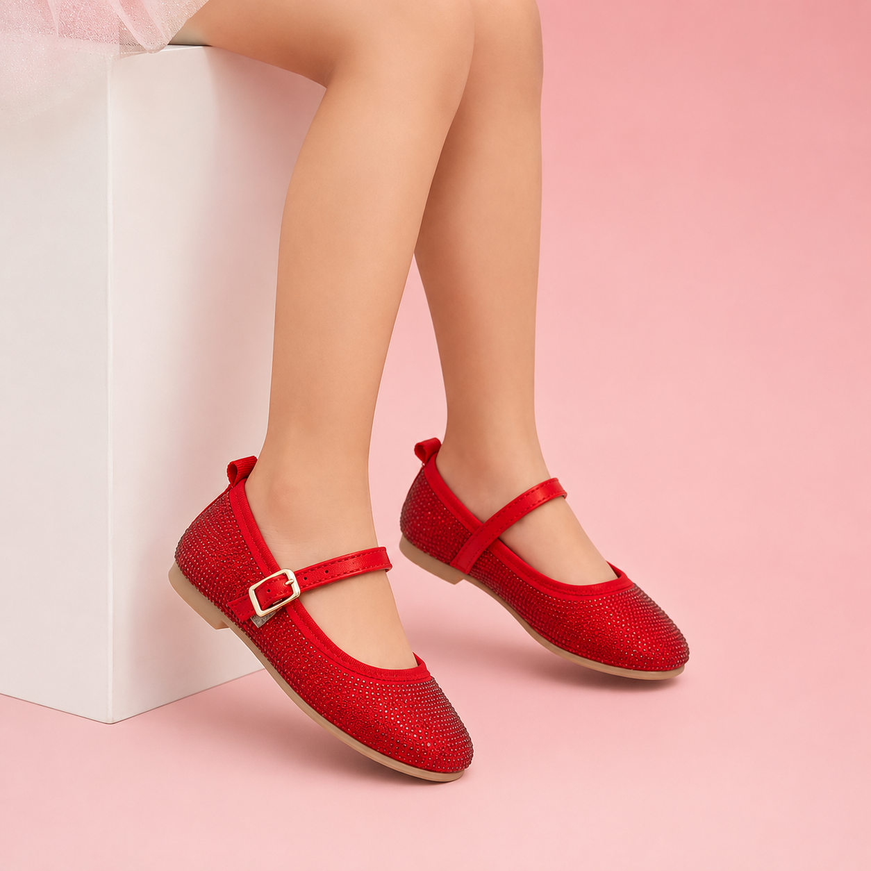 Zapatillas Rojas Punta Cuadrada con Cristales y Correa para Niña Tallas 15-26