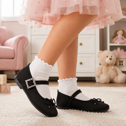 Zapatillas Negras Punta Cuadrada con Moño y Hebilla de Piedras para Niña Tallas 15-26