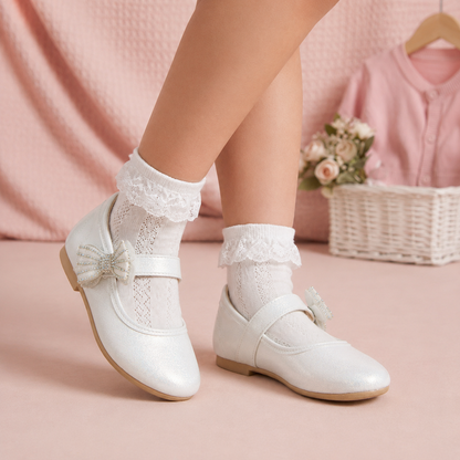 Zapatillas Blanco Tornasol con Velcro y Moño de Piedras para Niña Tallas 13-26
