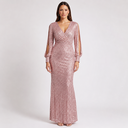 Sequin Plunge V-Neck Long Sleeve Mermaid Pink Dress Sizes S-L