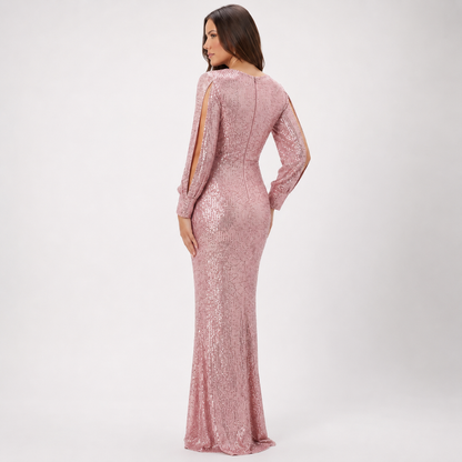 Sequin Plunge V-Neck Long Sleeve Mermaid Pink Dress Sizes S-L