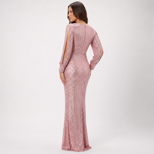 Sequin Plunge V-Neck Long Sleeve Mermaid Pink Dress Sizes S-L