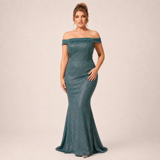 Iridescent Blue Mermaid Cut Dress with Off-the-Shoulder and Glitter Sizes M/L-L/XL