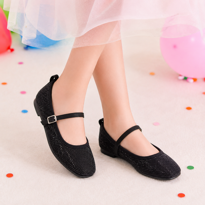 Zapatillas Negras Punta Cuadrada con Pedrería para Niña Tallas 15-24