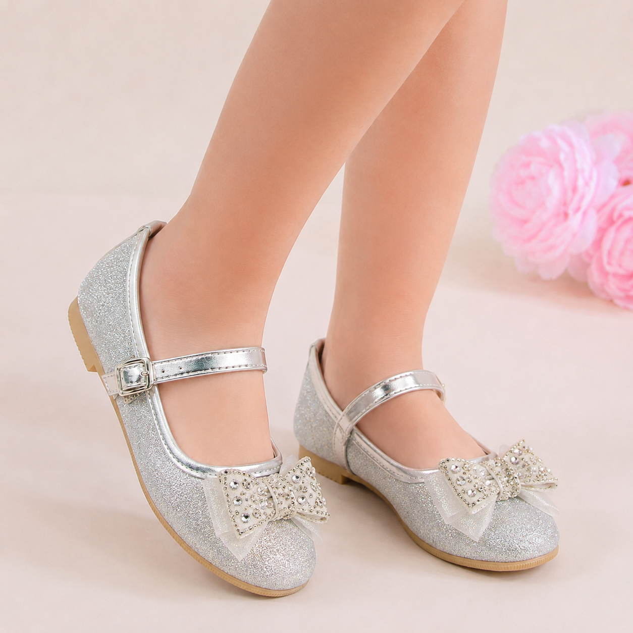 Zapatillas Plateadas con Moño de Piedras y Glitter para Niña Tallas 13-26
