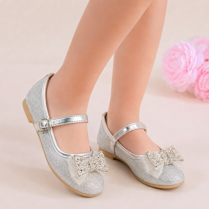 Zapatillas Plateadas con Moño de Piedras y Glitter para Niña Tallas 13-26