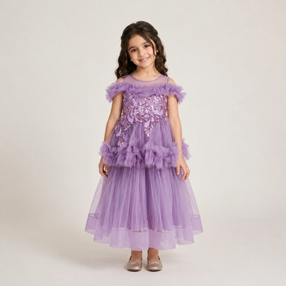 Kids' Lilac Tulle Off-the-Shoulder Dress with Sequins Sizes 110-150