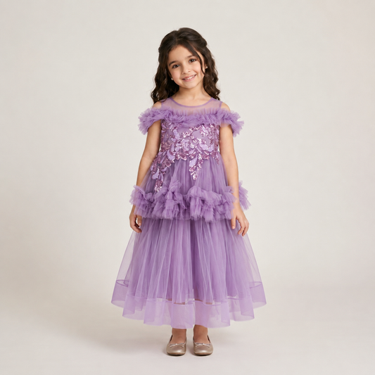 Vestido Infantil Lila Tul Hombros al Aire con Lentejuelas Tallas 110-150