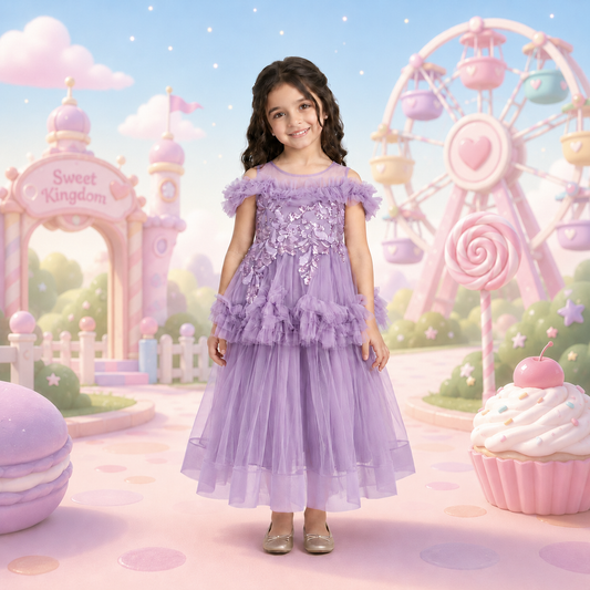 Vestido Infantil Lila Tul Hombros al Aire con Lentejuelas Tallas 110-150