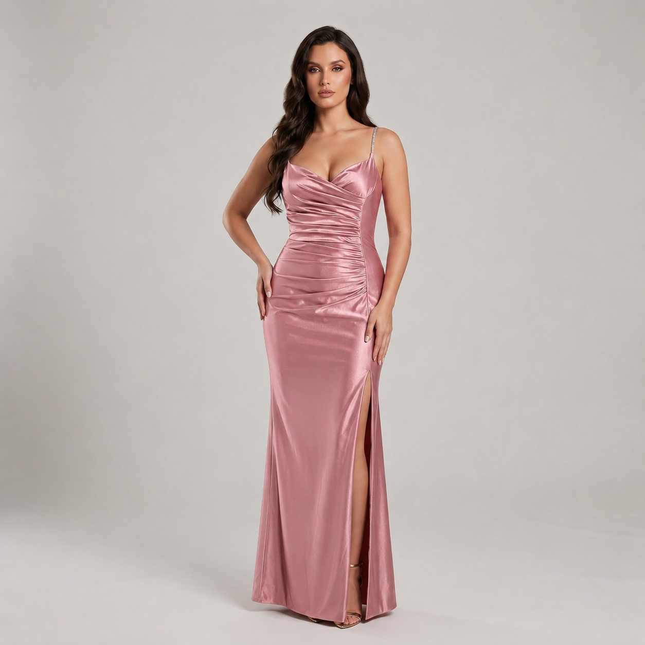 Vestido Satín Stretch Entallado con Tirantes de Pedrería, Drapeado Frontal y Abertura en Pierna Tallas S-L