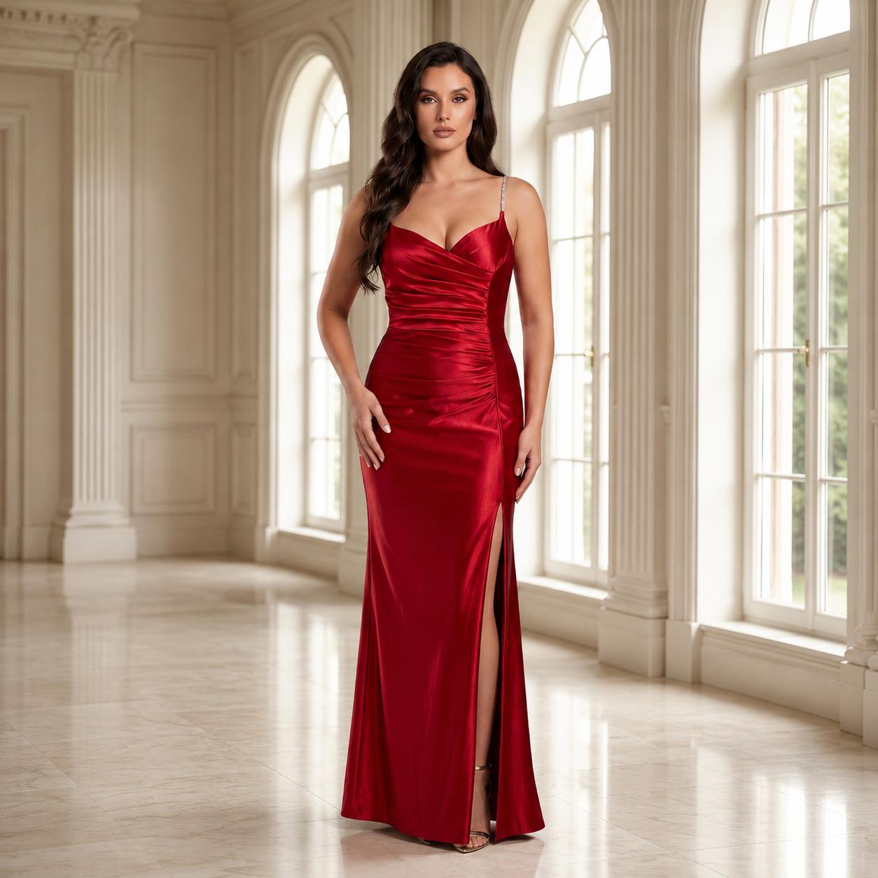 Vestido Satín Stretch Entallado con Tirantes de Pedrería, Drapeado Frontal y Abertura en Pierna Tallas S-L