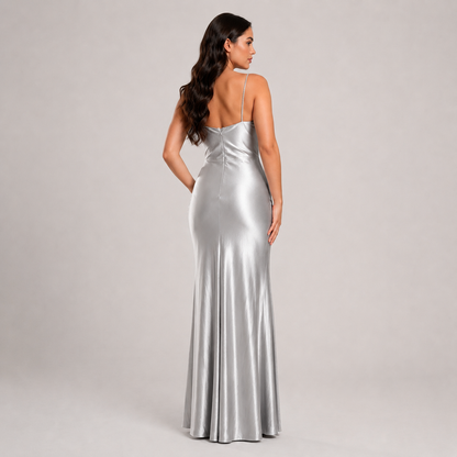 Vestido Satín Stretch Entallado con Tirantes de Pedrería, Drapeado Frontal y Abertura en Pierna Tallas S-L