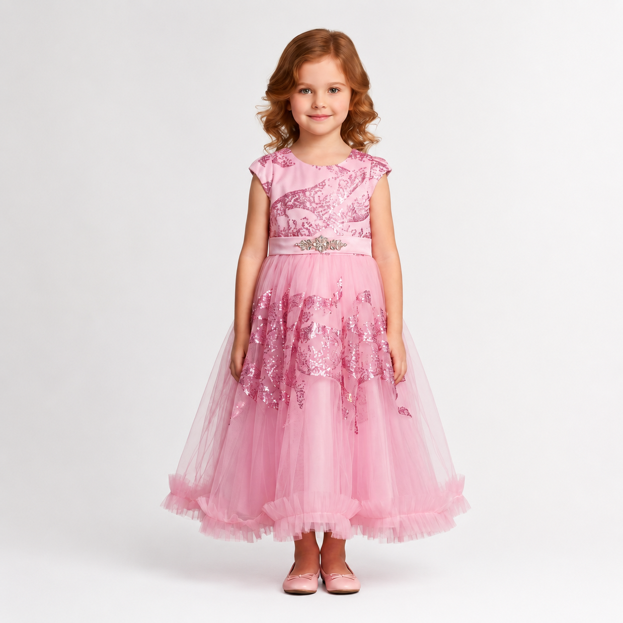 Vestido Rosa con Glitter y Manga Corta para Niña Tallas 120-160