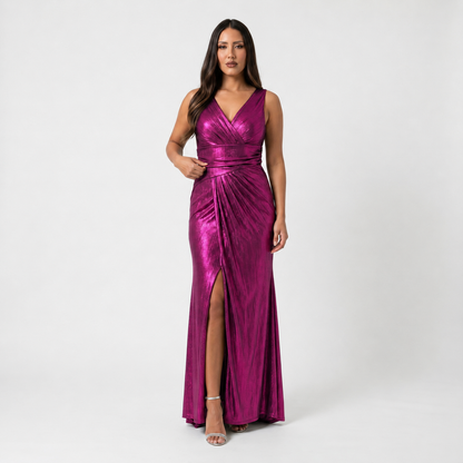 Vestido Largo de Fiesta Metalizado con Escote en V Profundo y Abertura en Pierna Tallas XL-2XL