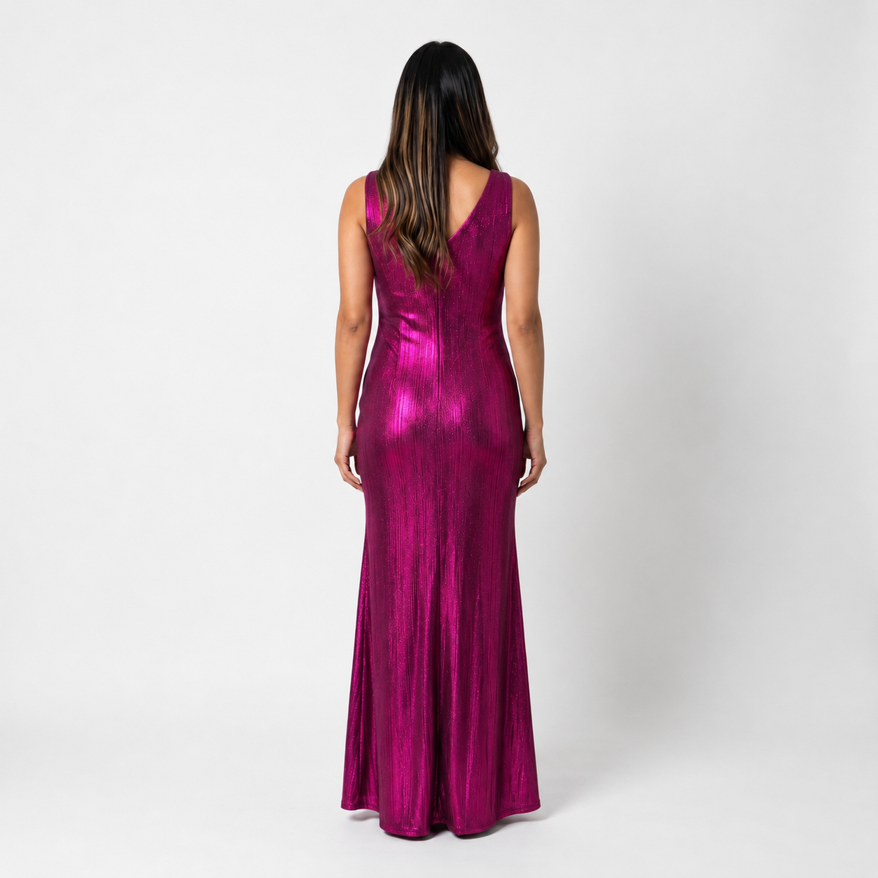 Vestido Largo de Fiesta Metalizado con Escote en V Profundo y Abertura en Pierna Tallas XL-2XL