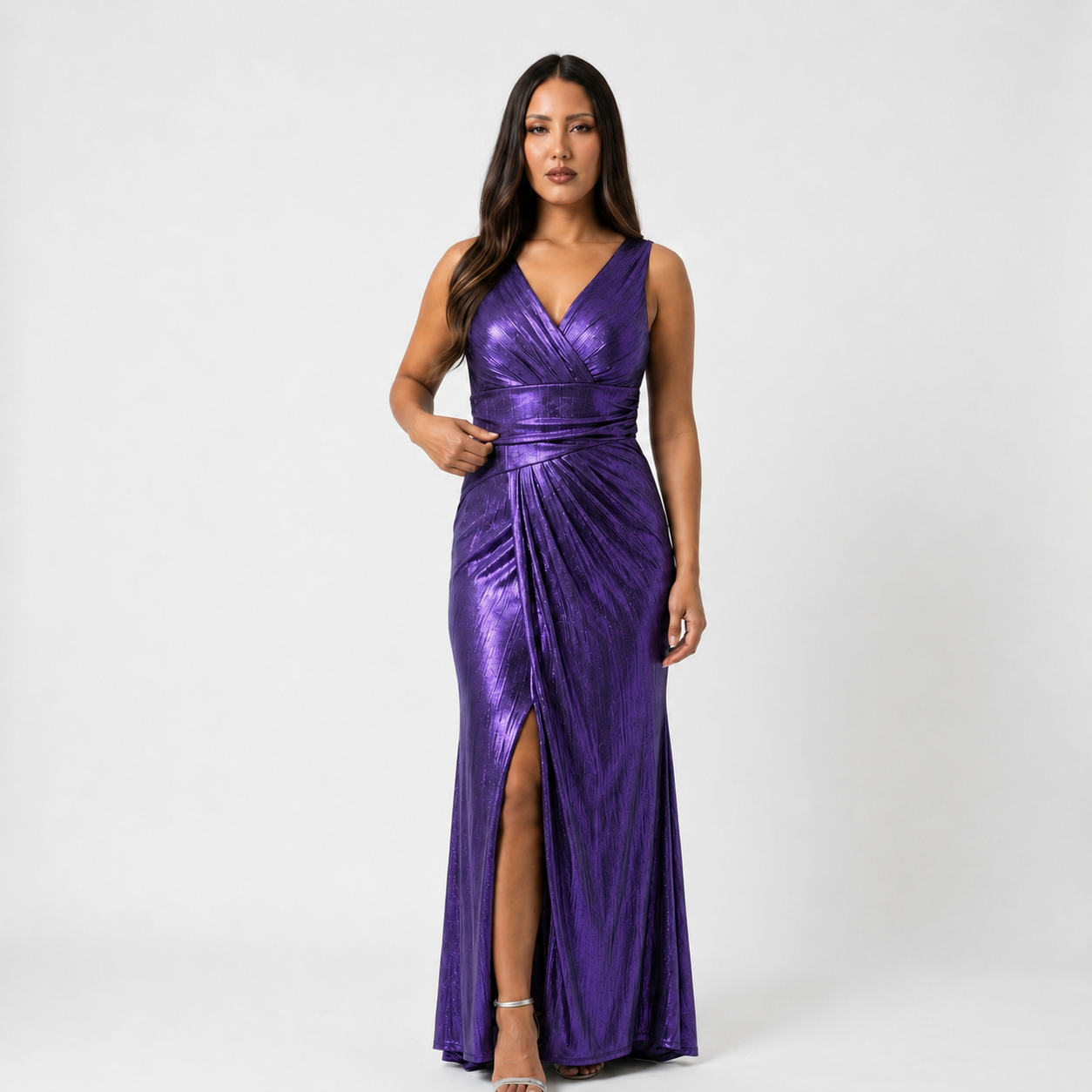 Vestido Largo de Fiesta Metalizado con Escote en V Profundo y Abertura en Pierna Tallas XL-2XL