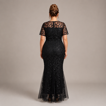 Vestido Verde Olivo Bordado Floral | Corte Sirena | Manga Corta